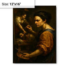 Artemisia Gentileschi painting Judith with grim focus metal print on a plain backdrop in size 12"x16".