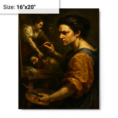 Artemisia Gentileschi painting Judith with grim focus metal print on a plain backdrop in size 16"x20".