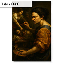 Artemisia Gentileschi painting Judith with grim focus metal print on a plain backdrop in size 24"x36".