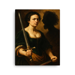 Artemisia Gentileschi self portrait with sword and severed shadow canvas print on a plain backdrop in size 16"x20".