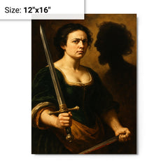 Artemisia Gentileschi self portrait with sword and severed shadow metal print on a plain backdrop in size 12"x16".