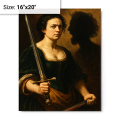 Artemisia Gentileschi self portrait with sword and severed shadow metal print on a plain backdrop in size 16"x20".