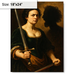 Artemisia Gentileschi self portrait with sword and severed shadow metal print on a plain backdrop in size 18"x24".