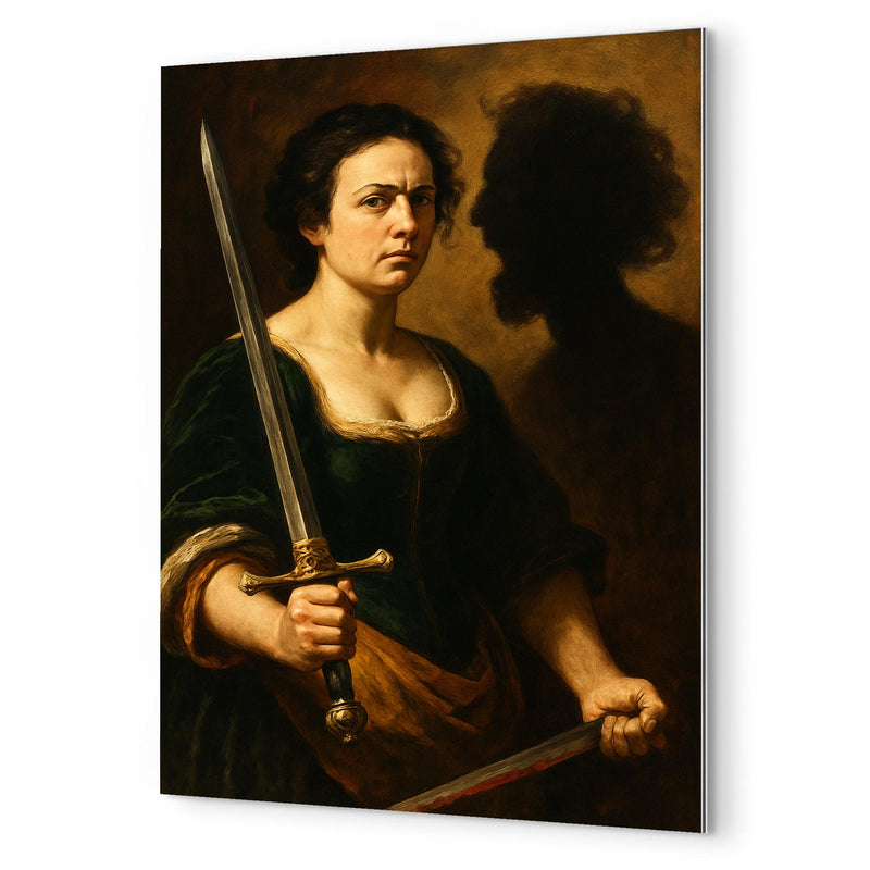 Artemisia Gentileschi self portrait with sword and severed shadow metal print mockup
