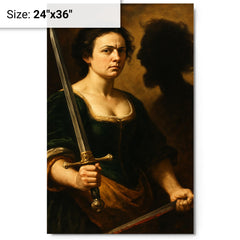 Artemisia Gentileschi self portrait with sword and severed shadow metal print on a plain backdrop in size 24"x36".