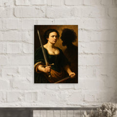 Artemisia Gentileschi self portrait with sword and severed shadow metal print mockup