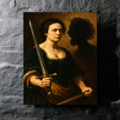 Artemisia Gentileschi self portrait with sword and severed shadow metal print mockup