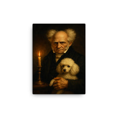 Arthur Schopenhauer and poodle by candlelight canvas print on a plain backdrop in size 12"x16".