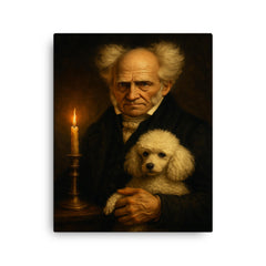 Arthur Schopenhauer and poodle by candlelight canvas print on a plain backdrop in size 16"x20".