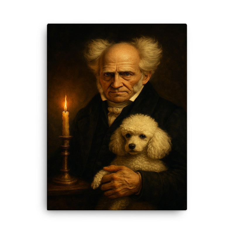 Arthur Schopenhauer and poodle by candlelight canvas print on a plain backdrop in size 18