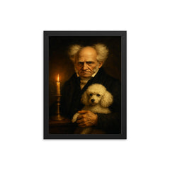 Arthur Schopenhauer and poodle by candlelight framed print on a plain backdrop in size 12"x16".