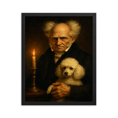 Arthur Schopenhauer and poodle by candlelight framed print on a plain backdrop in size 16"x20".