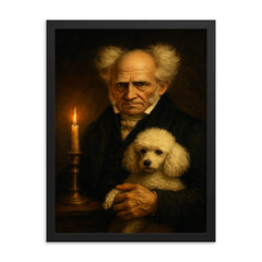 Arthur Schopenhauer and poodle by candlelight framed print on a plain backdrop in size 18"x24".