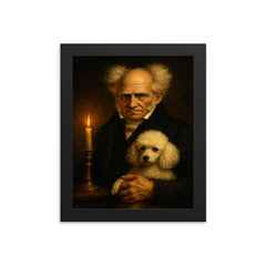 Arthur Schopenhauer and poodle by candlelight framed print on a plain backdrop in size 8"x10".