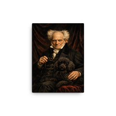 Arthur Schopenhauer with poodle and dark velvet canvas print on a plain backdrop in size 12"x16".