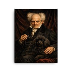 Arthur Schopenhauer with poodle and dark velvet canvas print on a plain backdrop in size 16"x20".