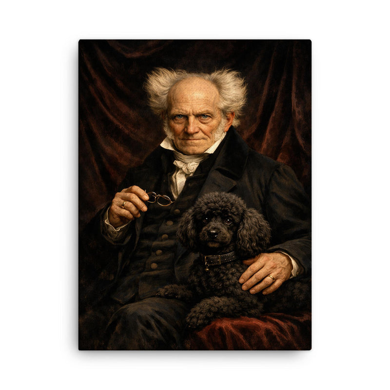 Arthur Schopenhauer with poodle and dark velvet canvas print on a plain backdrop in size 18