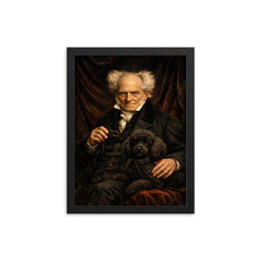 Arthur Schopenhauer with poodle and dark velvet framed print on a plain backdrop in size 12"x16".