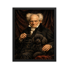 Arthur Schopenhauer with poodle and dark velvet framed print on a plain backdrop in size 16"x20".
