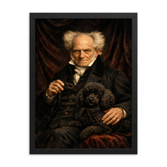 Arthur Schopenhauer with poodle and dark velvet framed print on a plain backdrop in size 18"x24".