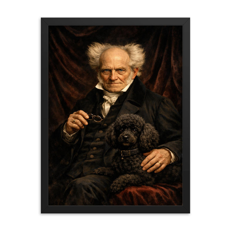 Arthur Schopenhauer with poodle and dark velvet framed print on a plain backdrop in size 18