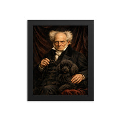 Arthur Schopenhauer with poodle and dark velvet framed print on a plain backdrop in size 8"x10".