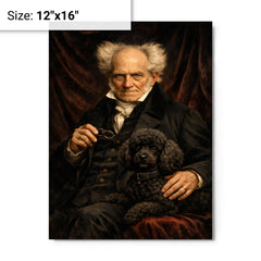 Arthur Schopenhauer with poodle and dark velvet metal print on a plain backdrop in size 12"x16".