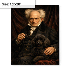 Arthur Schopenhauer with poodle and dark velvet metal print on a plain backdrop in size 16"x20".