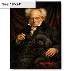 Arthur Schopenhauer with poodle and dark velvet metal print on a plain backdrop in size 18"x24".