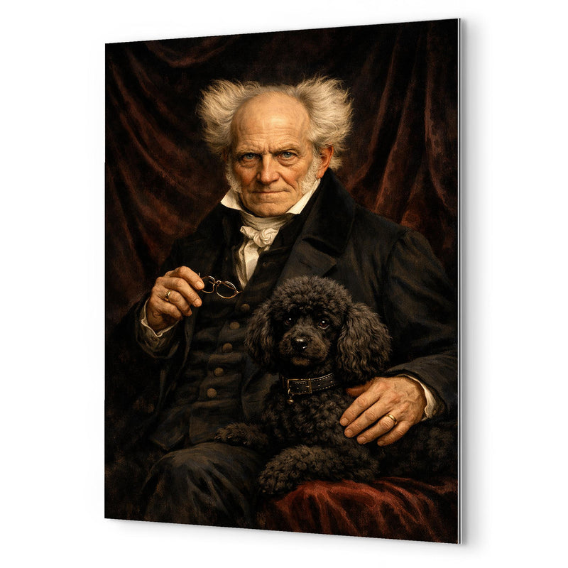 Arthur Schopenhauer with poodle and dark velvet metal print mockup