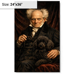 Arthur Schopenhauer with poodle and dark velvet metal print on a plain backdrop in size 24"x36".