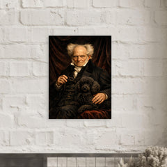 Arthur Schopenhauer with poodle and dark velvet metal print mockup