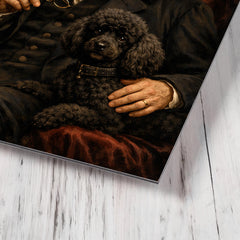 Arthur Schopenhauer with poodle and dark velvet metal print mockup