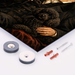 Arthur Schopenhauer with poodle and dark velvet metal print mockup