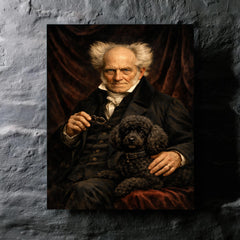 Arthur Schopenhauer with poodle and dark velvet metal print mockup