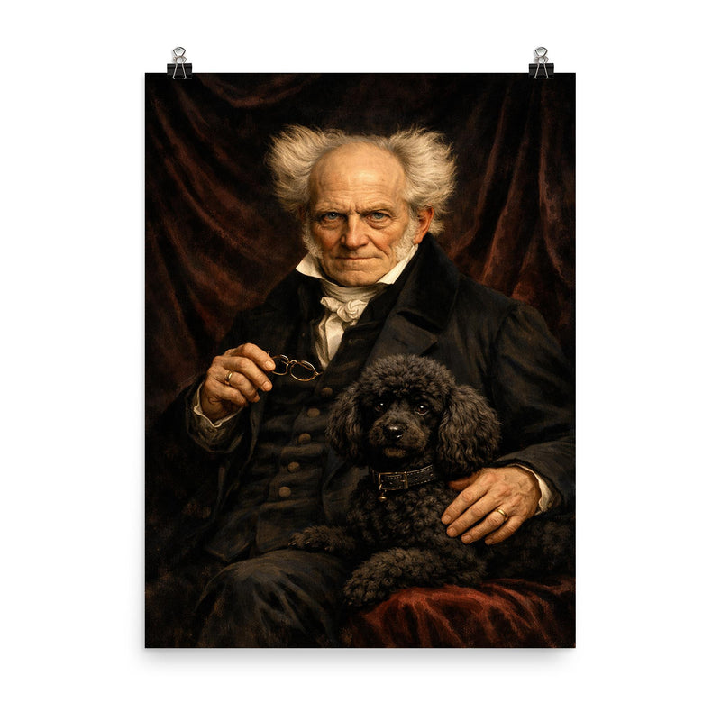 Arthur Schopenhauer with poodle and dark velvet poster on a plain backdrop in size 8