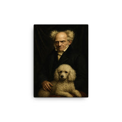 Arthur Schopenhauer with poodle and grim velvet drapery canvas print on a plain backdrop in size 12"x16".
