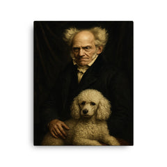 Arthur Schopenhauer with poodle and grim velvet drapery canvas print on a plain backdrop in size 16"x20".