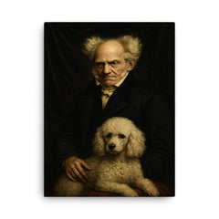 Arthur Schopenhauer with poodle and grim velvet drapery canvas print on a plain backdrop in size 18"x24".