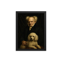 Arthur Schopenhauer with poodle and grim velvet drapery framed print on a plain backdrop in size 12"x16".