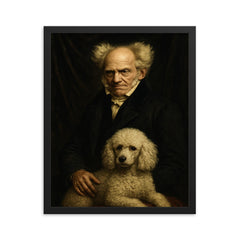 Arthur Schopenhauer with poodle and grim velvet drapery framed print on a plain backdrop in size 16"x20".