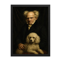 Arthur Schopenhauer with poodle and grim velvet drapery framed print on a plain backdrop in size 18"x24".