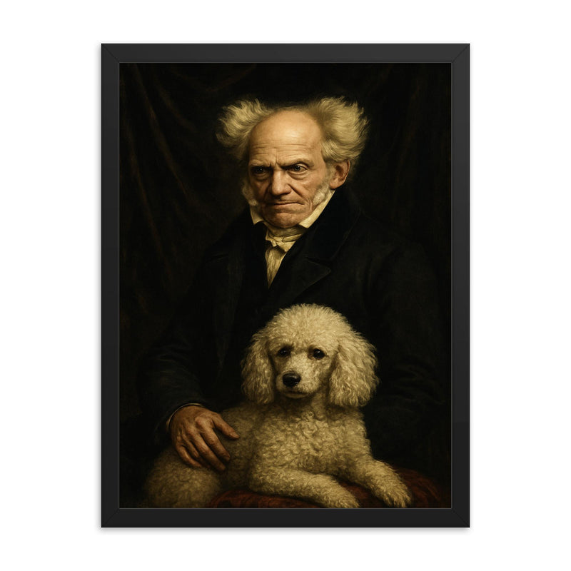 Arthur Schopenhauer with poodle and grim velvet drapery framed print on a plain backdrop in size 18
