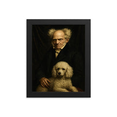 Arthur Schopenhauer with poodle and grim velvet drapery framed print on a plain backdrop in size 8"x10".
