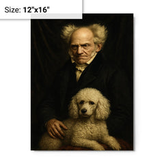 Arthur Schopenhauer with poodle and grim velvet drapery metal print on a plain backdrop in size 12"x16".