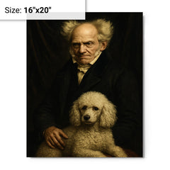 Arthur Schopenhauer with poodle and grim velvet drapery metal print on a plain backdrop in size 16"x20".