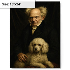 Arthur Schopenhauer with poodle and grim velvet drapery metal print on a plain backdrop in size 18"x24".