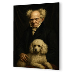 Arthur Schopenhauer with poodle and grim velvet drapery metal print mockup
