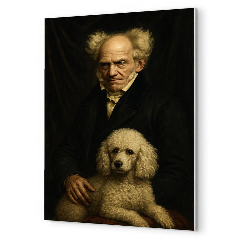 Arthur Schopenhauer with poodle and grim velvet drapery metal print mockup