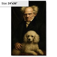 Arthur Schopenhauer with poodle and grim velvet drapery metal print on a plain backdrop in size 24"x36".